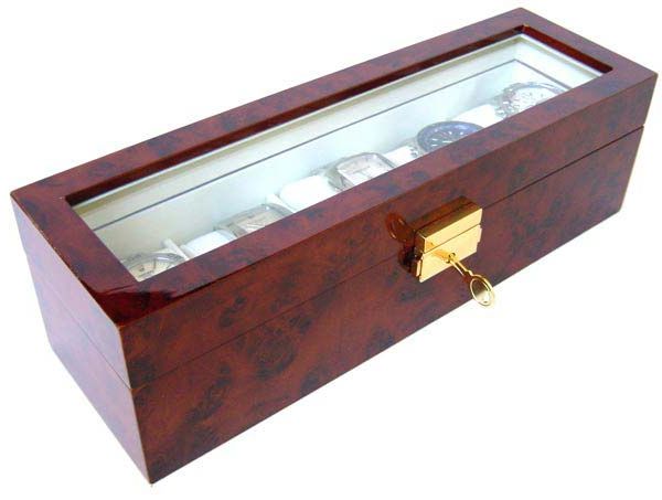 Burr walnut lockable display case — 6-watch capacity, glass top, brass lock with key