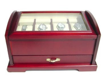 Mahogany finish watch display chest — glass top, 7-watch display with lower storage drawer
