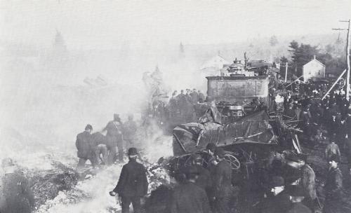 The Kipton Ohio train wreck scene, April 1891 — rescuers and bystanders at the wreckage