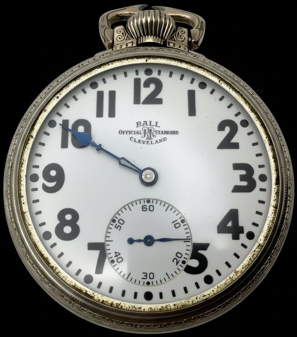 Ball Official Standard pocket watch — open-face dial with bold Arabic numerals