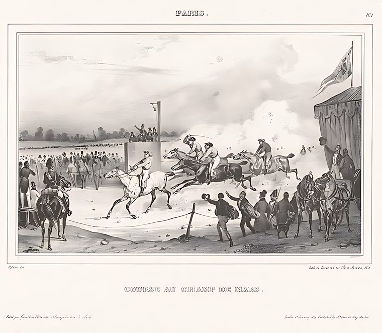 Nineteenth-century lithograph of horse racing at the Champ de Mars, Paris