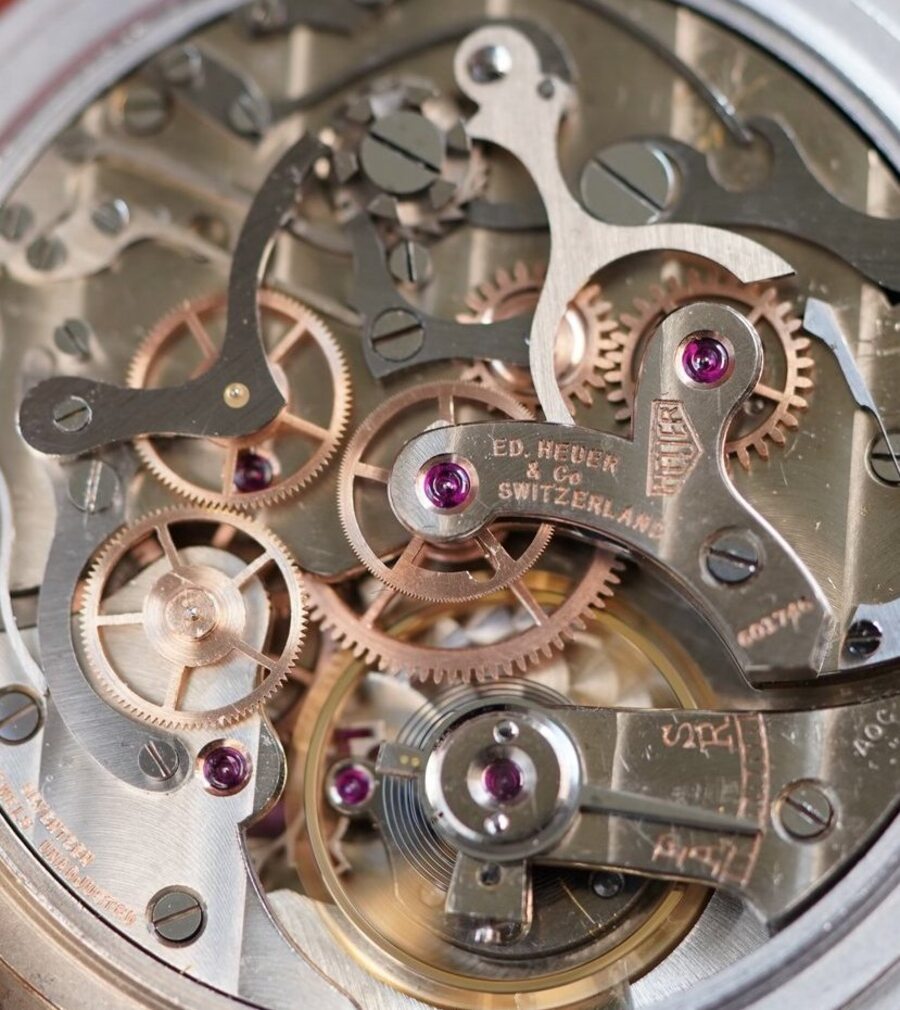 Ed. Heuer & Co. chronograph movement — column wheel, ruby jewels and gilt chronograph train visible