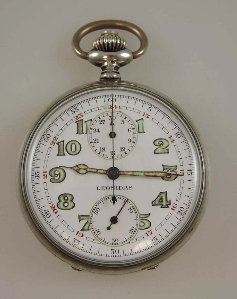 Leonidas chronograph pocket watch, c.1910 — white enamel dial with 30-minute register and luminous Arabic numerals
