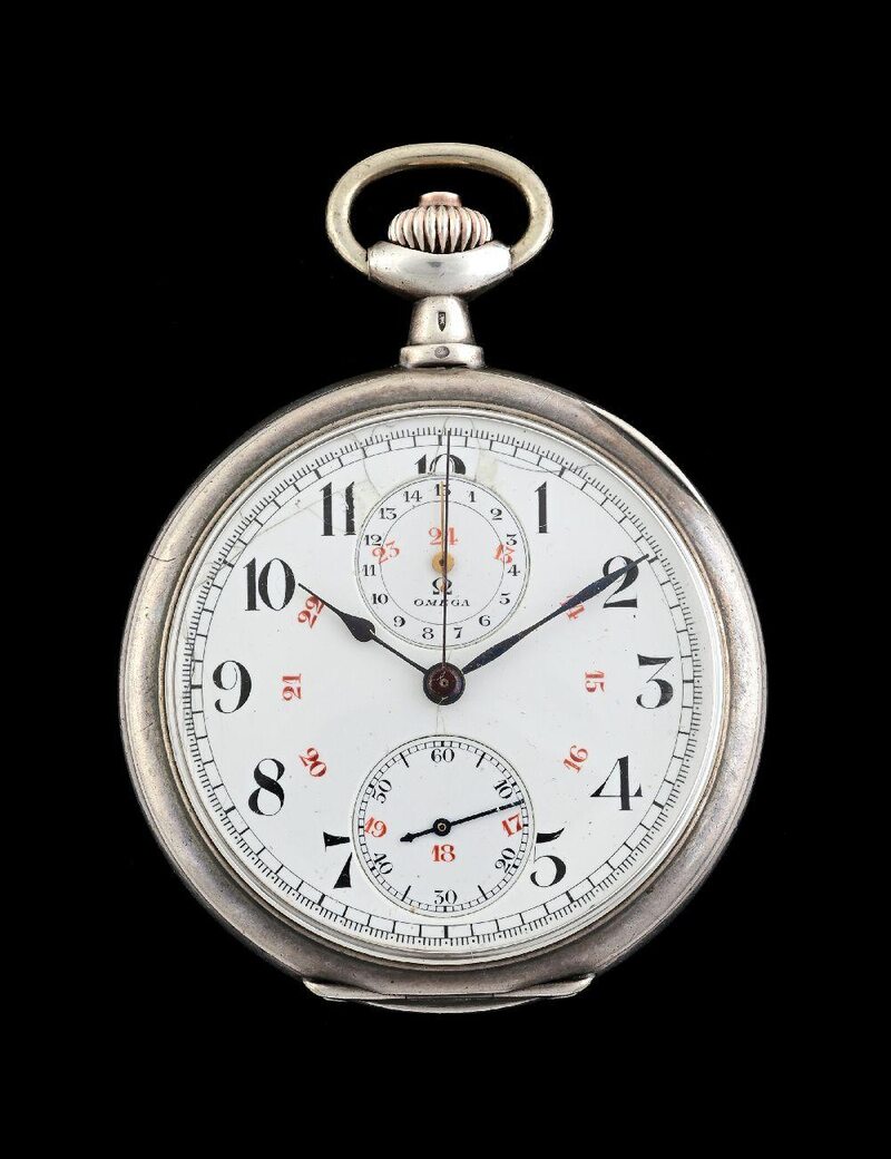 Omega chronograph pocket watch, c.1915 — silver case, enamel dial with 30-minute and running seconds registers
