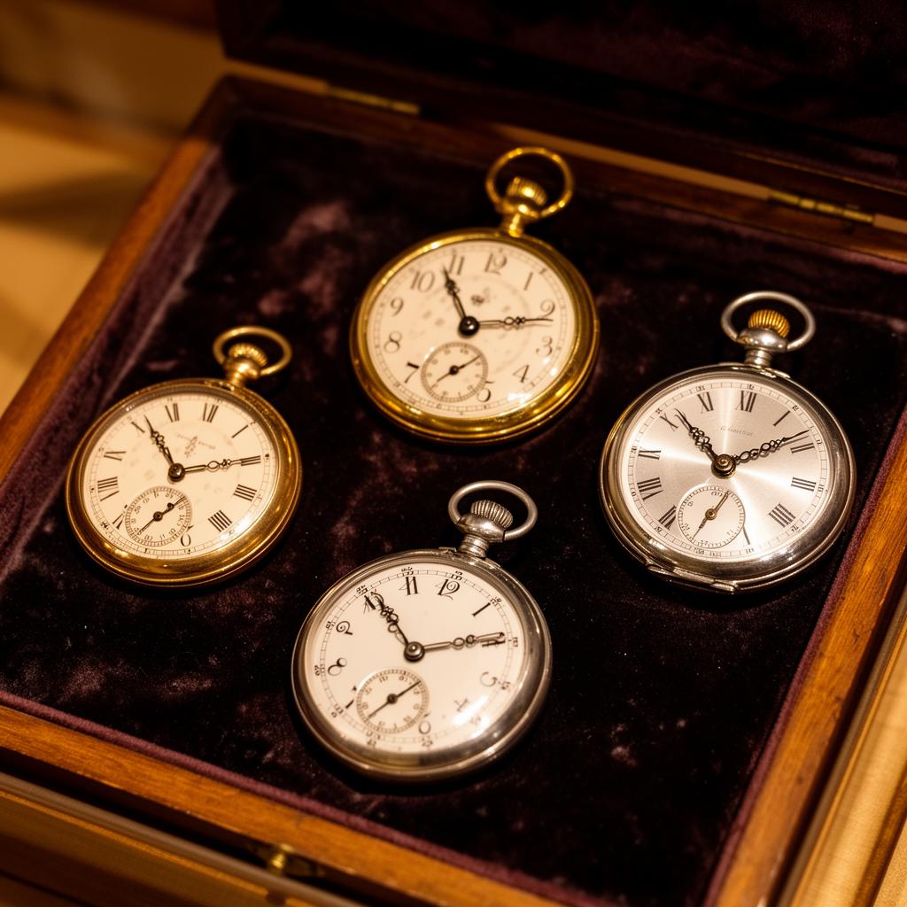 Four antique pocket watches in a velvet-lined wooden display case