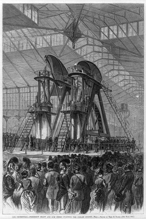 The Corliss steam engine in Machinery Hall at the 1876 Centennial