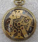 Dudley Masonic pocket watch — skeleton movement with Masonic symbols, in gold-filled open-face case