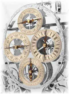 The four dials of Harrison's H1 — hours, minutes, seconds and day of month