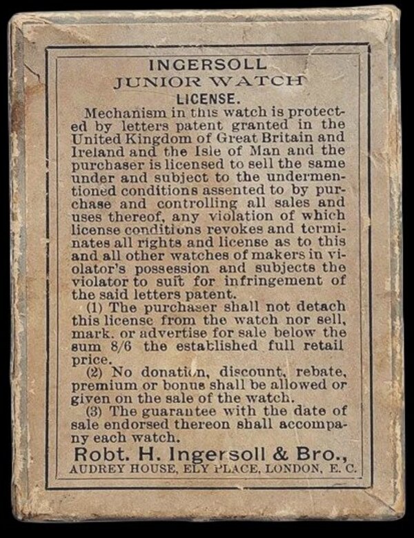 Original Ingersoll Junior Watch License card — Robt. H. Ingersoll & Bro., Audrey House, Ely Place, London E.C., establishing minimum retail price of 8 shillings and 6 pence