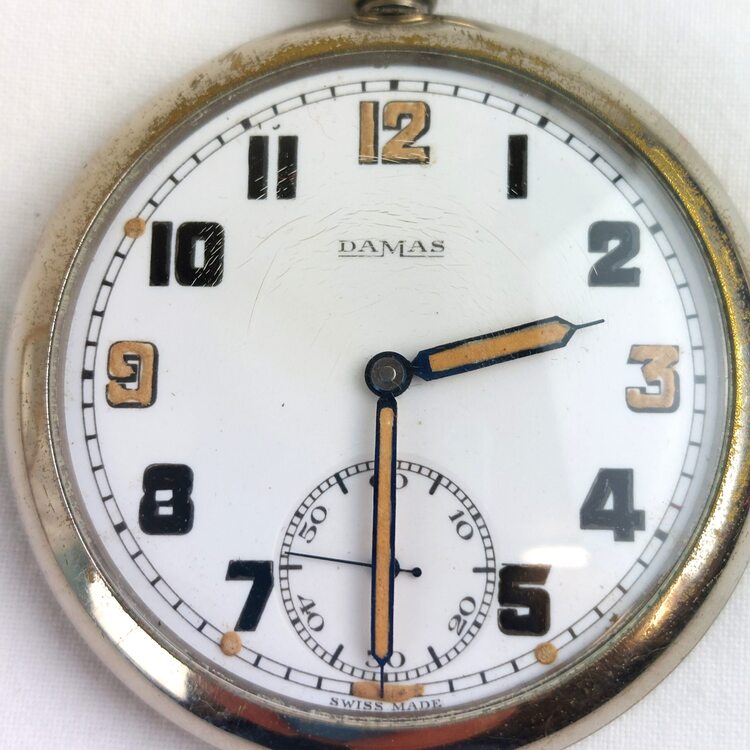 British WWII military pocket watch by Damas/Béguelin, c.1944 — white enamel dial, luminous hands, Swiss Made