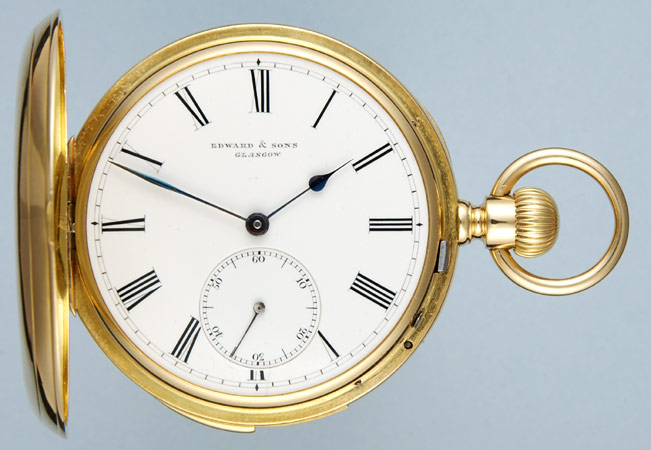 Minute repeating pocket watch — Edward & Sons Glasgow, 18-carat gold hunter case, Roman numeral dial, blued steel hands