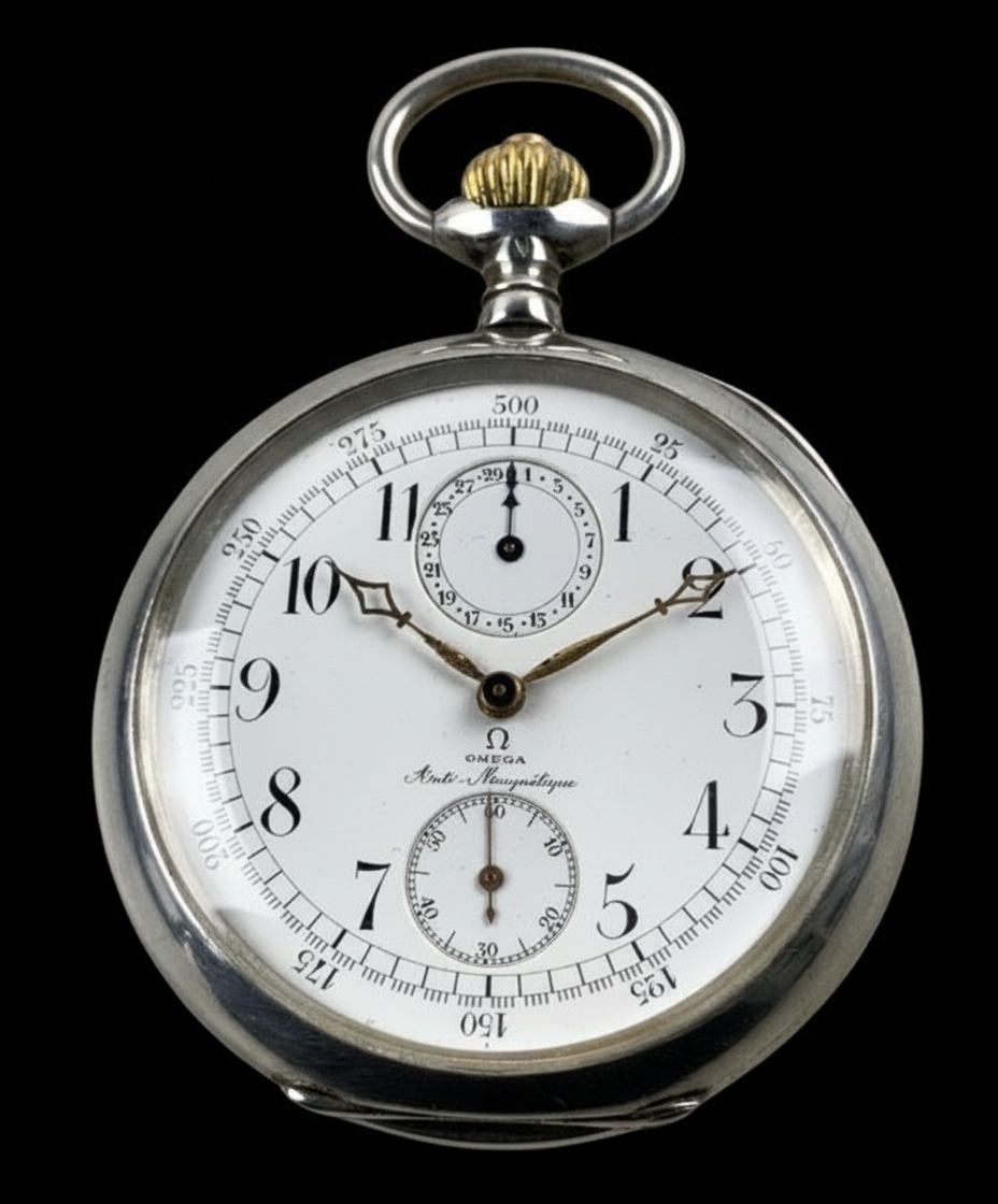 Omega Anti-Magnétique pocket watch — silver case with tachymeter scale