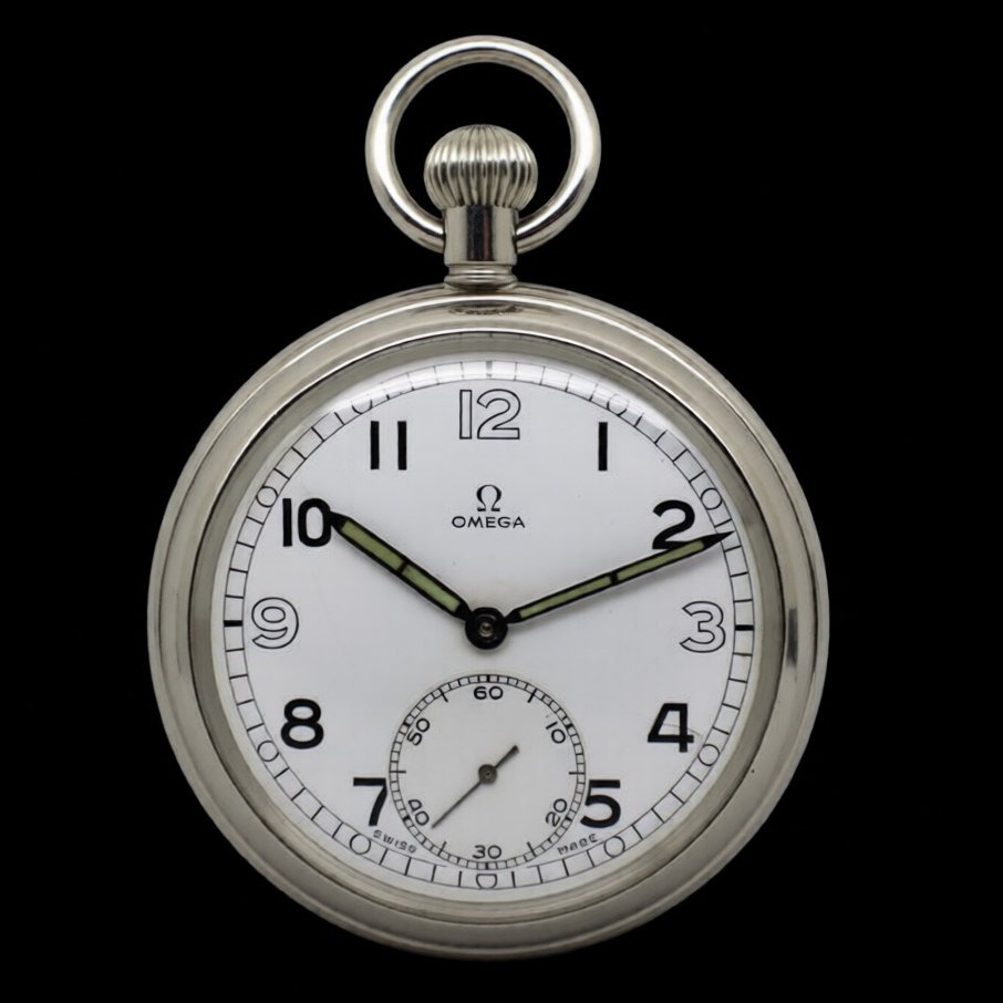 Omega military pocket watch — nickel case, luminous hands and numerals