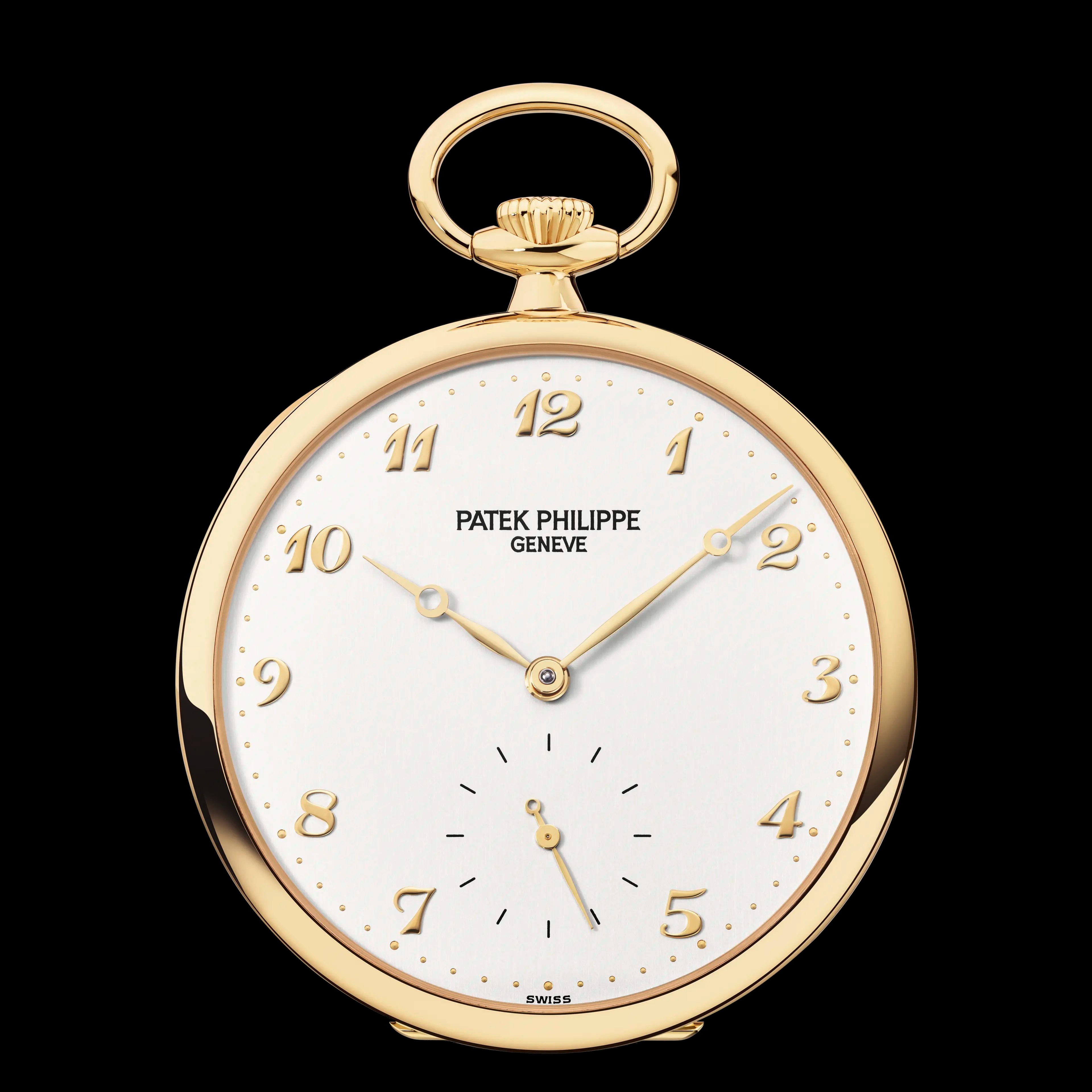 Patek Philippe Geneve pocket watch — 18-carat yellow gold, white dial, gold arabesque numerals