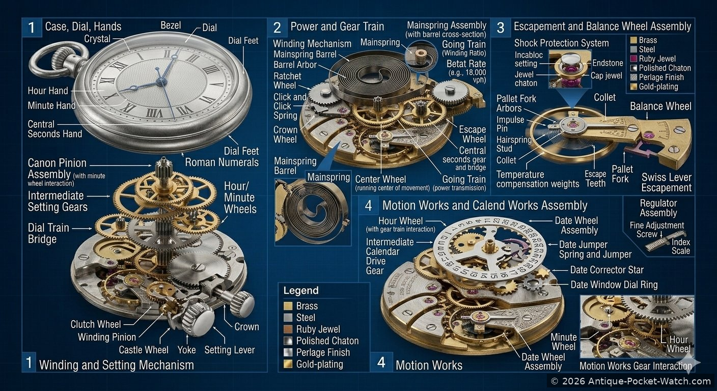 Detailed exploded view of pocket watch parts showing materials and construction across all four assemblies