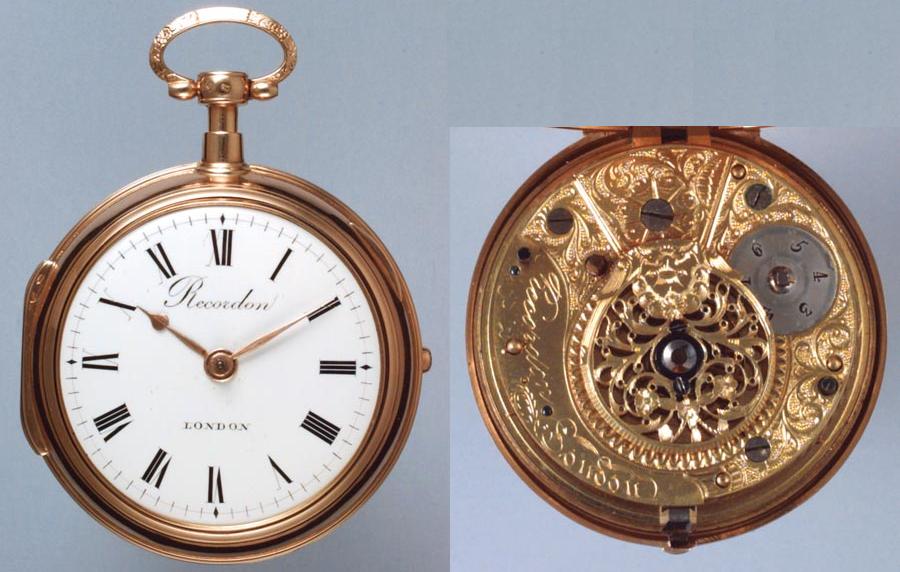 Late 18th-century continental verge pocket watch signed 'Recordon London' — dial (left) and full-plate gilt movement with pierced cock (right)