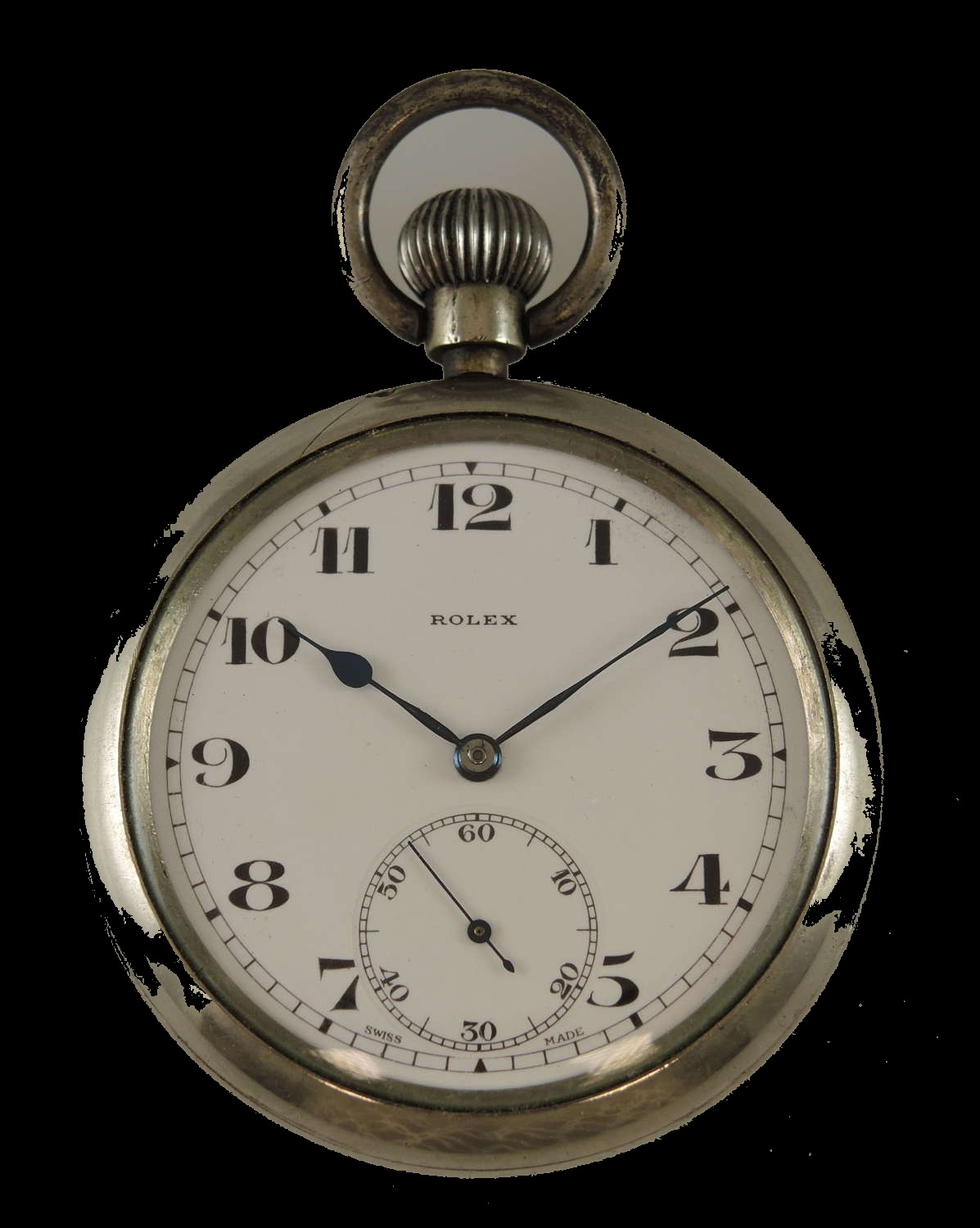 Rolex silver pocket watch — white enamel dial, blued steel hands, Swiss Made
