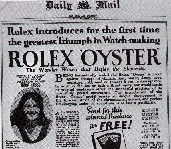 Original 1927 Daily Mail advertisement for the Rolex Oyster showing Mercedes Gleitze's Channel swim