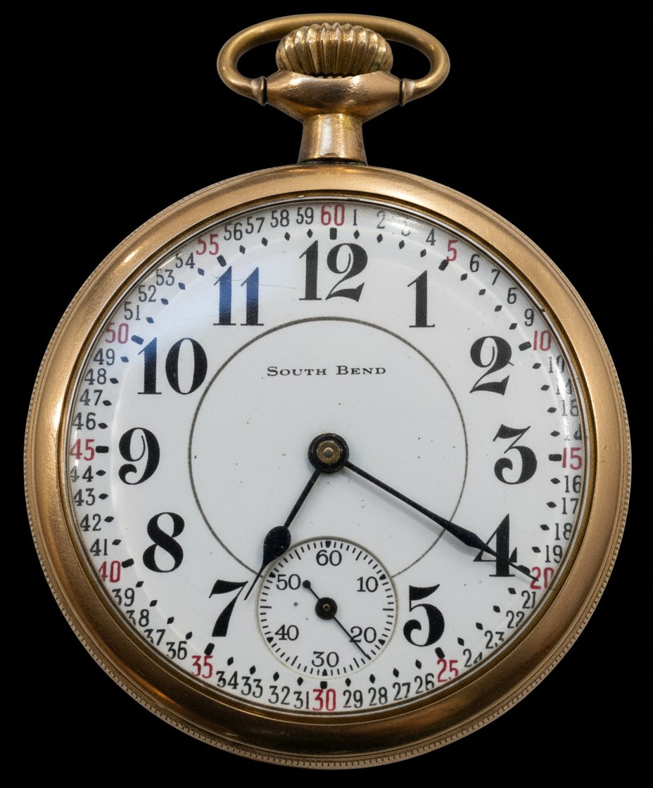 South Bend pocket watch — railroad dial with full minute track