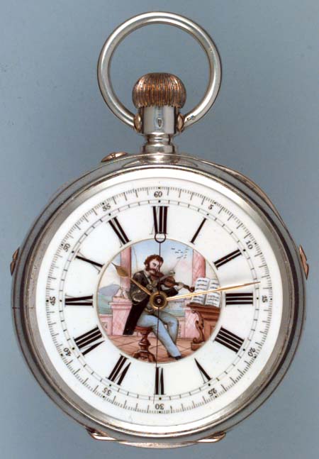 Swiss musical automaton pocket watch — silver case, Roman numeral dial with hand-painted violinist automaton at centre