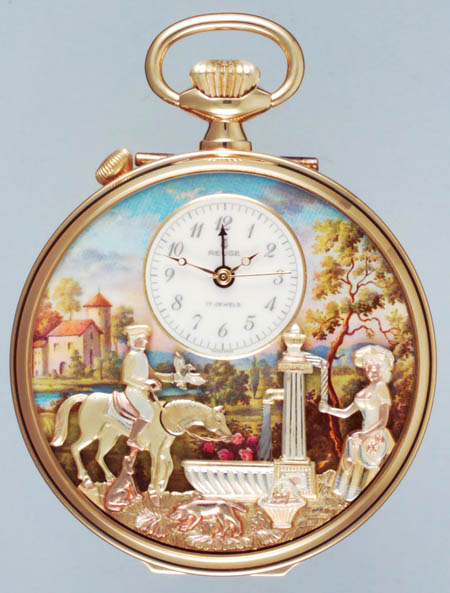 Swiss musical automaton pocket watch — 18-carat gold case with three-dimensional automaton scene: horse, rider, cherub and fountain