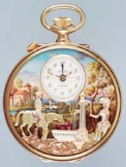 Swiss gold automaton watch — three-dimensional cast scene with horse, rider, cherub and fountain, small view
