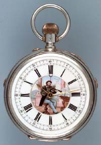 Swiss musical automaton watch — silver case with violinist on enamel dial, small view