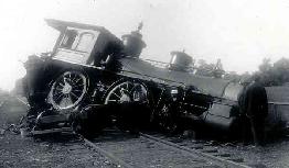 Wrecked locomotive on its side — typical of head-on railroad collisions of the era