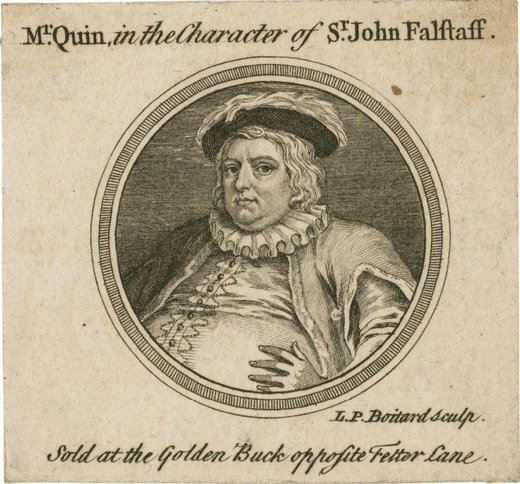 Pictorial watch paper engraving of the actor James Quin in the character of Falstaff, within a circular border